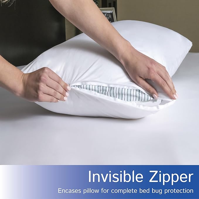 Queen Size Waterproof Pillow Protectors (Set of 2) – Zippered Hypoallergenic Pillowcase Cover Allergen Dust Proof Encasement