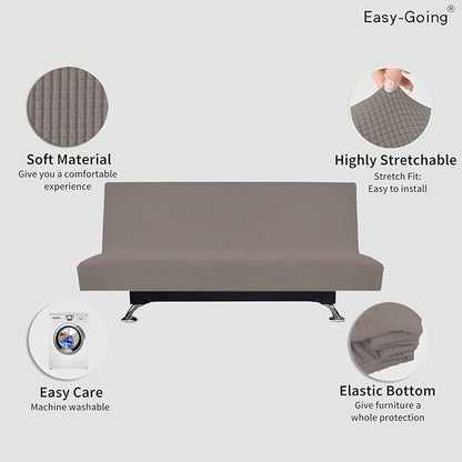 Easy-Going Stretch Futon Slipcover Armless Futon Bed Cover Furniture Protector Without Armrests with Elastic Bottom for Kids, Soft Jacquard Fabric Small Checks (Large, Taupe)