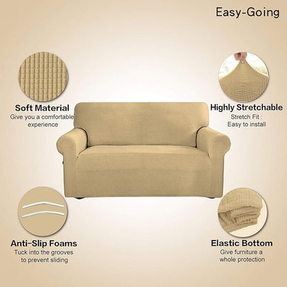 Easy-Going Stretch 4 Seater Sofa Slipcover 1-Piece Sofa Cover Furniture Protector Couch Soft with Elastic Bottom for Kids, Polyester Spandex Jacquard Fabric Small Checks Beige