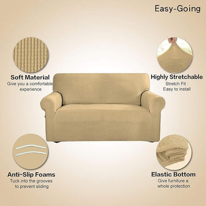 Easy-Going Stretch Oversized Sofa Slipcover 1-Piece Sofa Cover Furniture Protector Couch Soft with Elastic Bottom for Kids, Polyester Spandex Jacquard Fabric Small Checks Beige