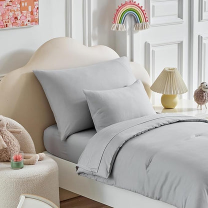 Toddler Bedding Set - 5 Piece Soft and Breathable Toddler Bed Set for Boys and Girls, Includes Quilted Comforter, Fitted Sheet, Flat Top Sheet, Standard Pillowcase and Toddler Pillowcase, Gray