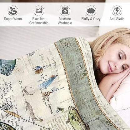 Fishing Blanket Fishing Gifts for Men Fish Throw Blanket Fishing Blanket for Kids Adults Soft Warm Cozy Fleece Blanket for Couch Sofa Bed 60"x80"
