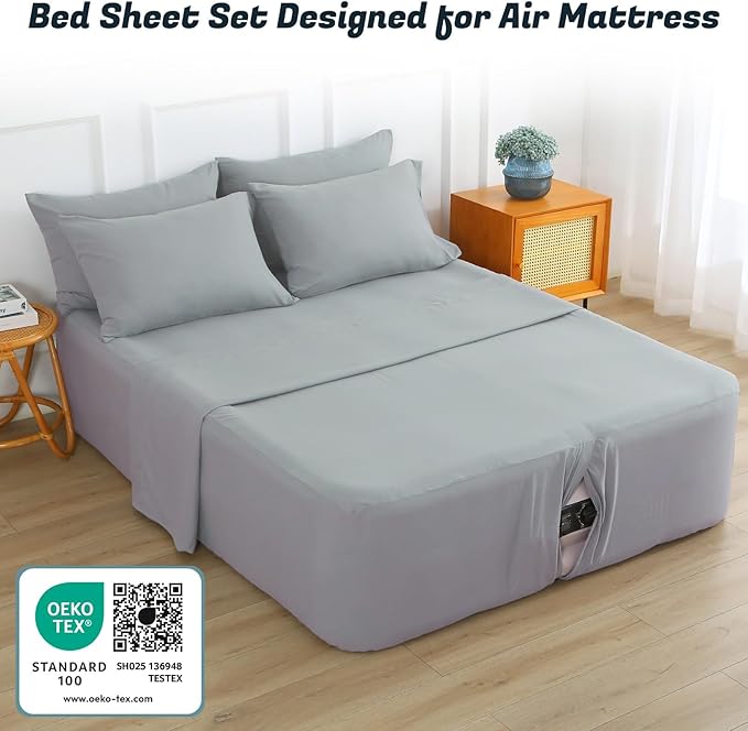 Extra Deep Pocket Full Sheet Set for Air Mattress, 6 Piece Air Bed Sheets Set with 18-24 Inches Depth, Soft & Breathable Inflatable Bed Sheet Set with Flat Sheet, Fitted Sheet and Pillowcases, Grey