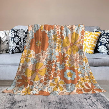 Retro 70s Floral Blanket, Hippie Summer Groovy Flower Power Flower Boho Print Throw Blanket for Couch Sofa Couch Chair 40"x50"
