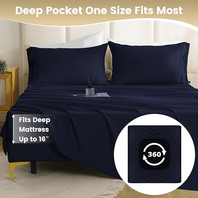 Full Size Sheet Set - 4 Piece Silky Soft Breathable Bed Sheet & Pillowcase Set, 16" Deep Pocket Hotel Luxury Wrinkle Free Easy Care Bedding Sheets, Dark Blue