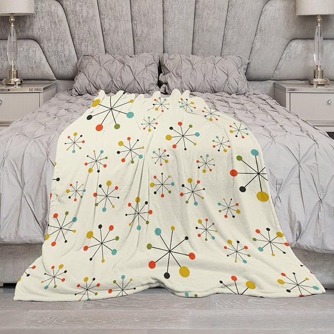 Mid Century Throw Blanket, Retro Abstract Geometric Pattern Boho 1950s 1960s Iconic Atomic Starbursts Modern Sputnik Print Blanket for Couch Sofa Bed Decorative Gifts 50"x60"