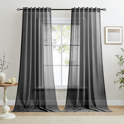 Dreaming Casa Black Sheer Curtains 102 Inches Long, Rod Pocket & Back Tab Light Filtering Textured Sheers for Living Room Bedroom, 2 Panels, Each 52" W x 102" L