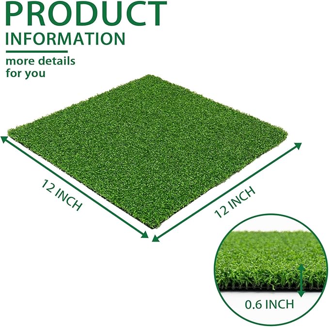 Artificial Turf Tiles 12X12 in,0.6 in Thick,Fake Grass Patch Indoor Outdoor Garden Lawn Patio,Synthetic Turf Mat,Realistic Grass Rug for Dogs Pets Lawn Landscape Squares,Green (6 Packs)