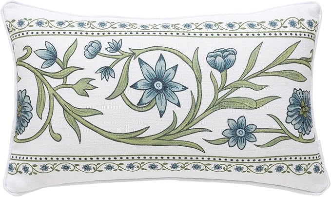 ISAENNE Design Fresh Linen Lumbar Throw Pillow Covers 12"x20", French White Cottage Cushion Covers with Green Branches Pattern Decoration Pillowcases for Bed,Living Room,Outdoor,Car