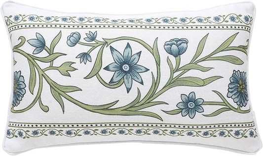 ISAENNE Design Fresh Linen Lumbar Throw Pillow Covers 12"x20", French White Cottage Cushion Covers with Green Branches Pattern Decoration Pillowcases for Bed,Living Room,Outdoor,Car