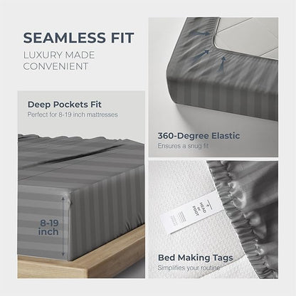 THREAD SPREAD Egyptian Cotton Sheets King Size - 1500 Thread Count 4 PC Damask Sheet Set Egyptian Cotton, Luxury Sheet King Size, Soft, Cooling Deep Pocket Sheets, Fits Upto 19" - Dark Grey Stripe