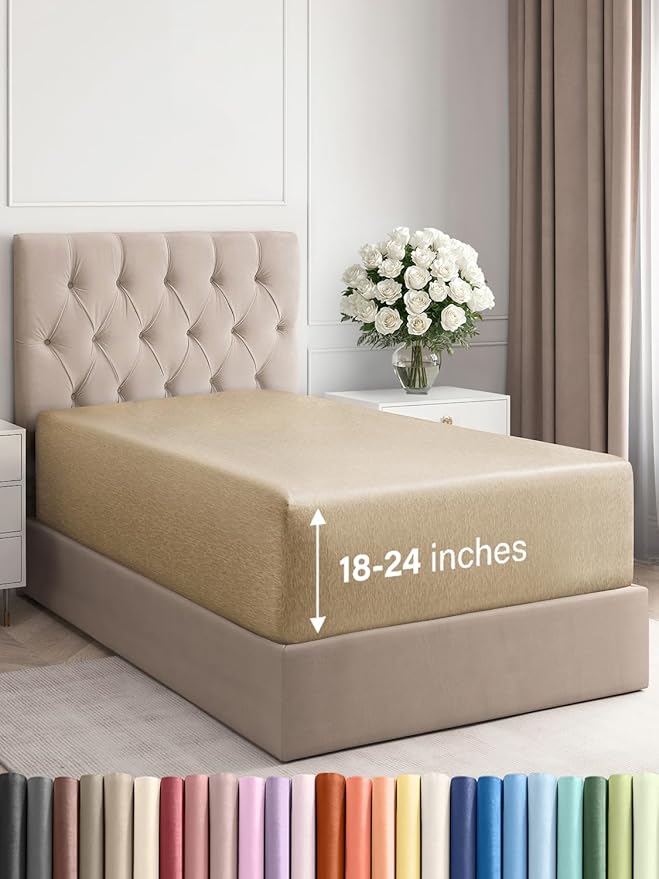 Extra Deep Twin XL Fitted Sheet - Hotel Luxury Single Fitted Sheet Only - Easily Fits 18 inch to 24 inch Mattress - Ultra Soft, Wrinkle Free w/Extra Deep Pockets - Breathable & Comfy - Heathered Tan