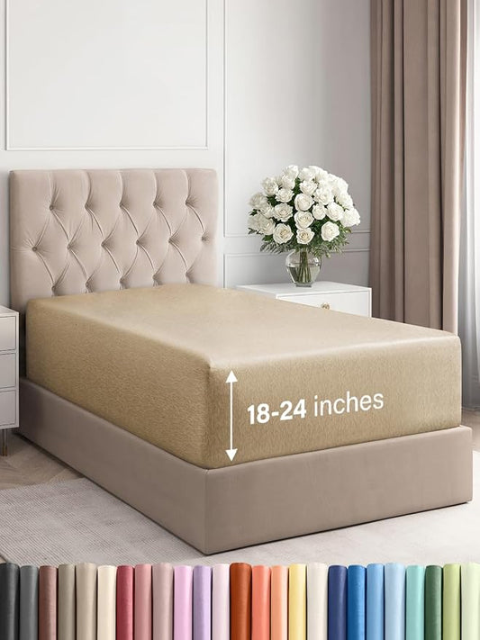 Extra Deep Twin XL Fitted Sheet - Hotel Luxury Single Fitted Sheet Only - Easily Fits 18 inch to 24 inch Mattress - Ultra Soft, Wrinkle Free w/Extra Deep Pockets - Breathable & Comfy - Heathered Tan