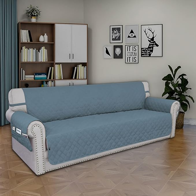 Easy-Going Sofa Slipcover Waterproof Sofa Cover Couch Cover for 4 Cushion Couch with Elastic Straps Washable Non-Slip Furniture Protector Cover for Pets, Dogs, Cat (XX-Large, Light Blue)