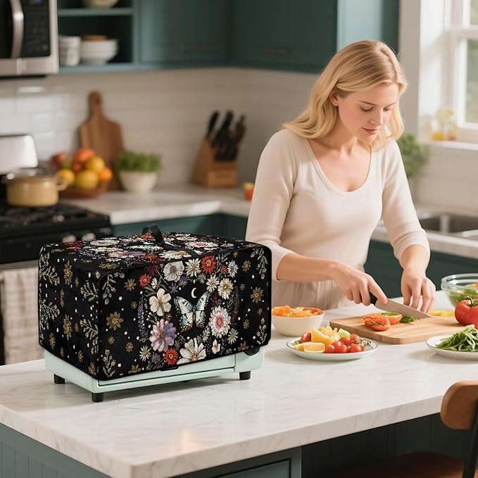 Waterproof Microwave Oven Cover Polyester-Linen Dust Cover for Microwave Oven Foldable Kitchen Machine Covers with Storage Pockets, Butterfly Daisy Floral Plant Moon Print, S