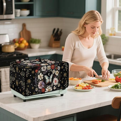Waterproof Microwave Oven Cover Polyester-Linen Dust Cover for Microwave Oven Foldable Kitchen Machine Covers with Storage Pockets, Butterfly Daisy Floral Plant Moon Print, L