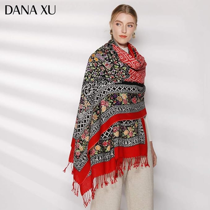 DANA XU 100% Merino Wool Pashmina Shawl for Women 96"x43", Oversized Cashmere Wrap with Tassels, Floral Travel Blanket Cape