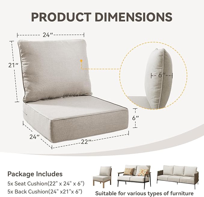 Outdoor Cushion Set for Furniture Patio Furniture, UV Resistant, Water Resistant - 6 Inch Thick Foam Garden Cushions– 22x24 Inch Patio Seat Covers for Chair/Sofa/Couch | Beige | 5-Pack |