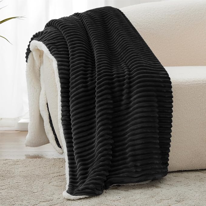Sherpa Throw Blanket for Couch - Soft Cozy Fleece, Warm for Winter, Reversible for Sofa, 50 x 60 Inches, Black