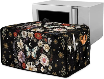 Convection Oven Cover with Pockets, Dust-Proof Protective Smart Oven Cover Small Appliances Protector Kitchen Decor, S, 14.5 x 18.5 x 9 Inches, Butterfly Daisy Moon Black