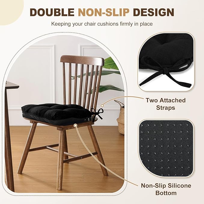 downluxe Indoor Chair Cushions for Dining Chairs, Tufted Overstuffed Textured Foam Kitchen Chair Pads with Ties and Non-Slip Backing, 15.5" x 15.5" x 4", Black, 6 Pack