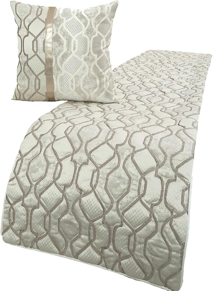 The HomeCentric King/Queen/Twin Ivory & Silver Decorative King 90"x18" Bed Runner Without Pillow Cover, Lattice & Quilted Bed Scarf on Jacquard Silk Fabric - Ivory Delicacy