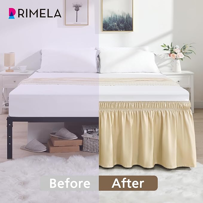 RIMELA Beige White Bed Skirt King Size 15 Inch Drop, Elastic Bed Skirting for Bed Base and Frame, Bedding Dust Ruffle Easy to Install, Lightweight Wrap Around Adjustable Bedskirt