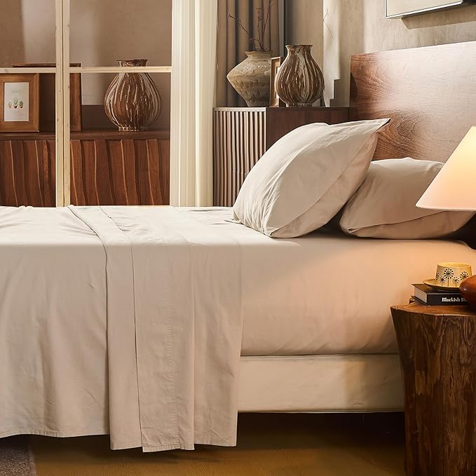 100% Linen Sheet Set Cal King Size Extra Deep Pocket Fits 18-24 Inch Mattress, Breathable & Soft, Smooth 4-Piece Set for Thick Mattresses Hotel Luxury Bedding（Cal King, Linen）