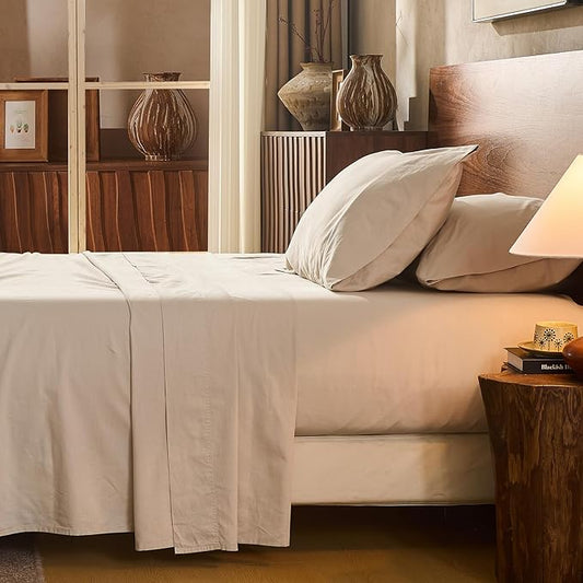 100% Linen Sheet Set Cal King Size Extra Deep Pocket Fits 18-24 Inch Mattress, Breathable & Soft, Smooth 4-Piece Set for Thick Mattresses Hotel Luxury Bedding（Cal King, Linen）