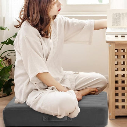 MeMoreCool Floor Pillow 22"x22" – Tufted Meditation Cushion with Foam Core, Grey Washable Cover & Handle | 5" Thick Firm Foam | for Adults, Kids, Yoga, Tatami, Pet Seating