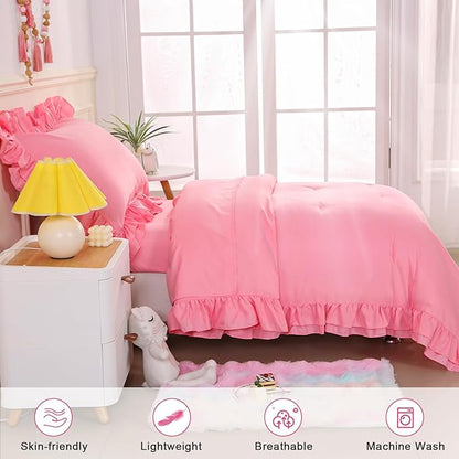 Wowelife Toddler Bedding Set for Girls 4 Piece Ruffle Boho Tufted Fringe Pink Toddler Bed Comforter Sets Jacquard Bed Set Bed in a Bag with Comforter, Flat Sheet, Fitted Sheet, Pillowcase