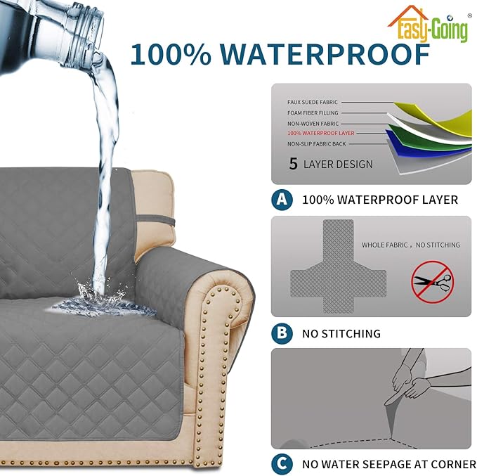 Easy-Going Sofa Slipcover Chair Cover Waterproof Couch Cover Washable Sofa Cover Non-Slip Fabric Furniture Protector with Pocket for Pets Covers Pets Kids Children Dog Cat (Chair, Grey,Small)