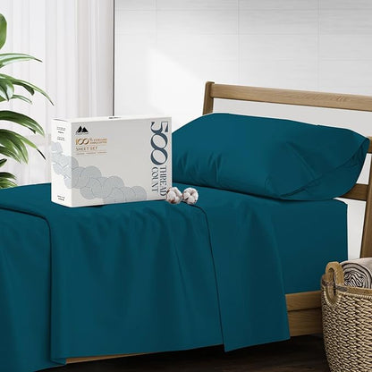 Mayfair Linen 500 Thread Count Twin Cotton Sheets - 3 PC Twin Size Bed Sheet Set Cotton (Teal), Ultra Soft, Cooling, Sateen Hotel-Quality 16" Deep Pocket Bedsheet for Hot Sleepers (Fits 18" Mattress)