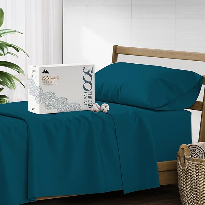 Mayfair Linen 500 Thread Count Twin XL Cotton Sheets - 3 PC Twin XL Size Bed Sheet Set Cotton (Teal), Soft, Cooling, Sateen Hotel-Quality 16" Deep Pocket Bedsheet for Hot Sleepers (Fits 18" Mattress)
