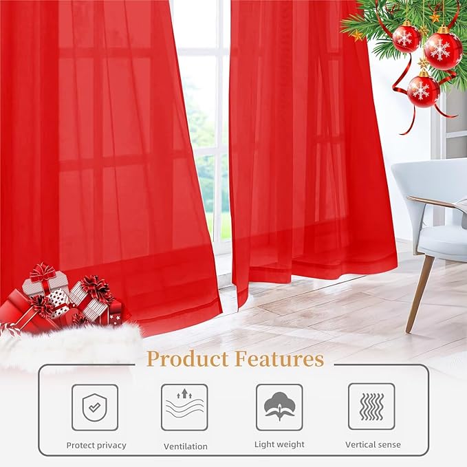 Sheer Curtains 72 Inches Long 2 Panels, Rod Pocket Short Curtain for Kitchen, Bedroom, Cafe Window(Red 38" W x 72" L)