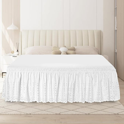 Full Bed Skirt, Wrap-Around Elastic Ruffled Eyelet Bed Skirt Full Size Dust Ruffle with Gathered Styling and Embroidered Details, 18" Drop Length (White)