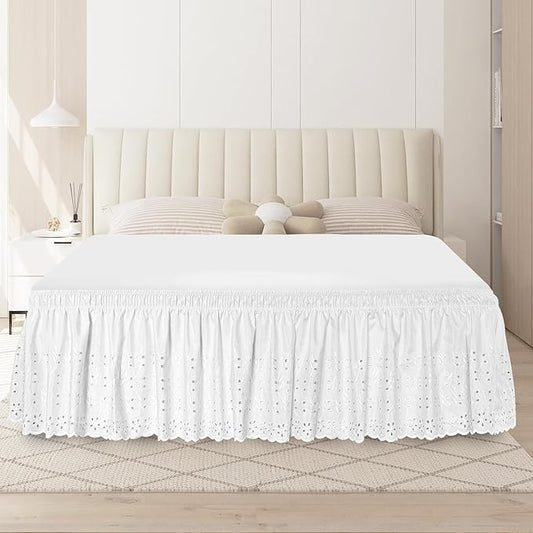 King Bed Skirt, Wrap-Around Elastic Ruffled Eyelet Bed Skirt King Size Dust Ruffle with Gathered Styling and Embroidered Details, 18" Drop Length (White)