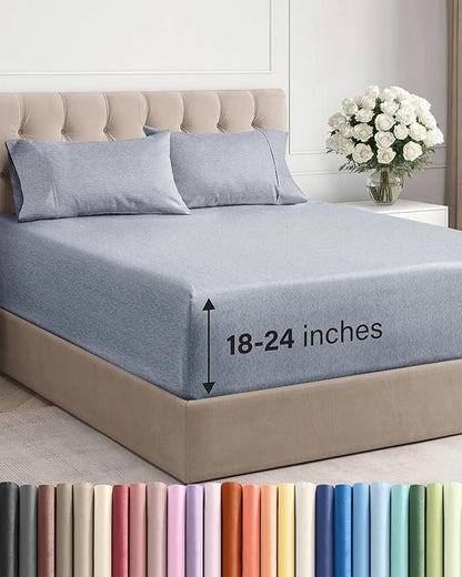 Extra Deep Pocket Queen Sheet Set - 4 Piece Breathable & Cooling Bed Sheets - Hotel Luxury Sheet Set - Ultra Soft, Wrinkle Free & Comfy - Fits Extra Deep Mattresses - Deep Pocket Heathered Blue Sheets
