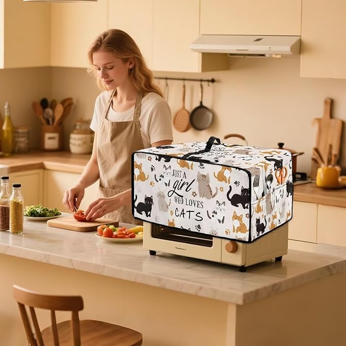 Waterproof Microwave Oven Grill Cover Protector Cartoon Cats Paw Print Foldable Microwave Oven Dust Cover with Storage Bags Just A Girl Print Case Protections for Toaster Oven, L