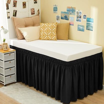 RIMELA Dorm Bed Skirt Twin XL 36 Inch Drop, Easy to Install Extra Long Wrap Around Elastic Dust Ruffle, Black Bedskirt Solid Silky Fabric Machine Washable (Twin XL 80“L x 39”W & Twin 75“L x 39”W)