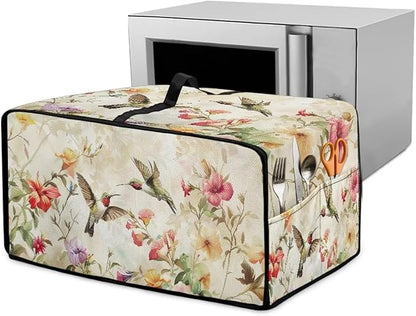Convection Toaster Oven Cover Decorative Dustproof Convection Microwave Oven Cover with Storage Pockets for Kitchen Countertop, S, 14.5 x 18.5 x 9 Inches, Retro Hummingbird Floral