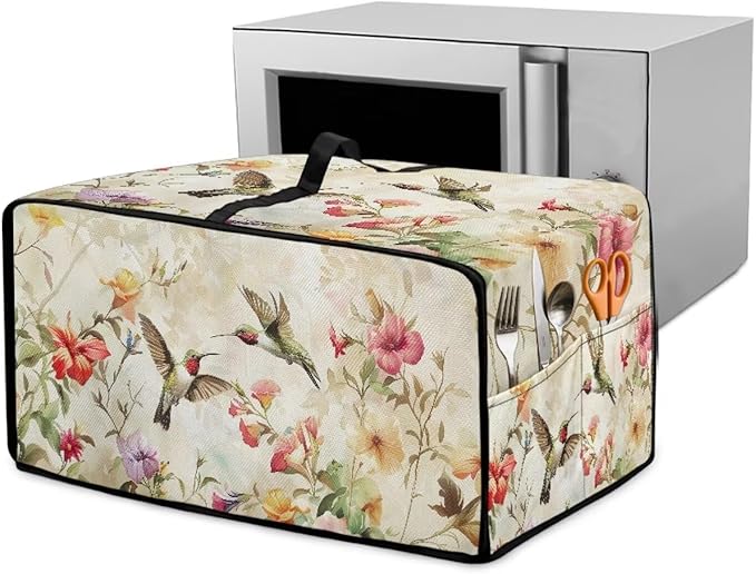 Convection Toaster Oven Cover Decorative Dustproof Convection Microwave Oven Cover with Storage Pockets for Kitchen Countertop, L, 18.5 x 22.5 x 13 Inches, Retro Hummingbird Floral