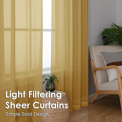 OVZME Gold Sheer Curtains 90 Inches Long 2 Panels - Soft Light Filtering Window Sheer Panels for Living Room/Bedroom, Top Dual Rod Pocket, 1 Pair, Each 42Wx90L Inches