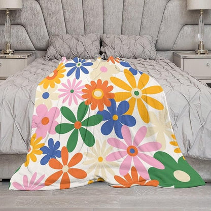 70s Retro Flower Throw Blanket, 60s Vintage Groovy Daisy Flowers Boho Hippie Bright Colorful Floral Print Blanket for Couch Chair Sofa Bed Dorm Bedroom Home 60"x80"