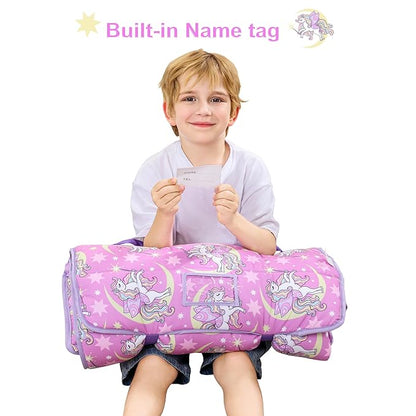 Viviland Toddler Nap Mat, Rolled Sleeping Mats with Pillow and Minky Dot Blanket for Girls, Kids Slumber Bag Nap Mat for Preschool, Daycare, Kindergarten, Travel Camping - Unicorn Magic