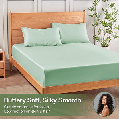 MR&HM Full Fitted Sheet Only, Ultra-Soft Rayon Derived from Bamboo & Polyester Blend, Silky & Breathable, 15" Deep Pocket with Elastic Straps, Cooling Fitted Sheet for Hot Sleepers, Sage Green