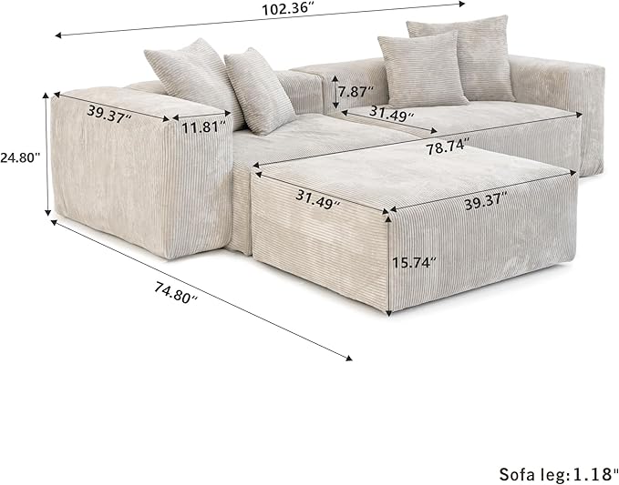 JACH Corduroy Modular Sectional Couch, Oversized Sectional Sofa with Chaise Ottoman, Cushion Covers Removable, Modern Deep 2-Seat Couches for Living Room, Office (Beige)