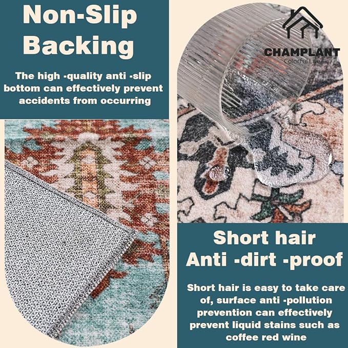 Washable Area Rug 5'x7' Green Retro Boho Chic Medallion Distressed Design Living Room Indoor Non-Slip Large Oriental Accent Throw Rugs for Kitchen Bedroom Office Carpet