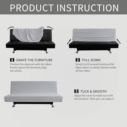 Easy-Going Stretch Futon Sofa Slipcover Armless Sofa Bed Cover Furniture Protector Without Armrests with Elastic Bottom for Kids,Soft Jacquard Fabric Small Checks（Medium Futon,Silver Gray