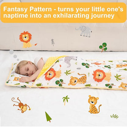 Viviland Toddler Nap Mat with Pillow and Minky Dot Blanket, Rolled Sleeping Mat/Slumber Bag for Girls Boys, Kids Nap Mat for Preschool, Daycare, Kindergarten, Travel Camping - Zoo Animal